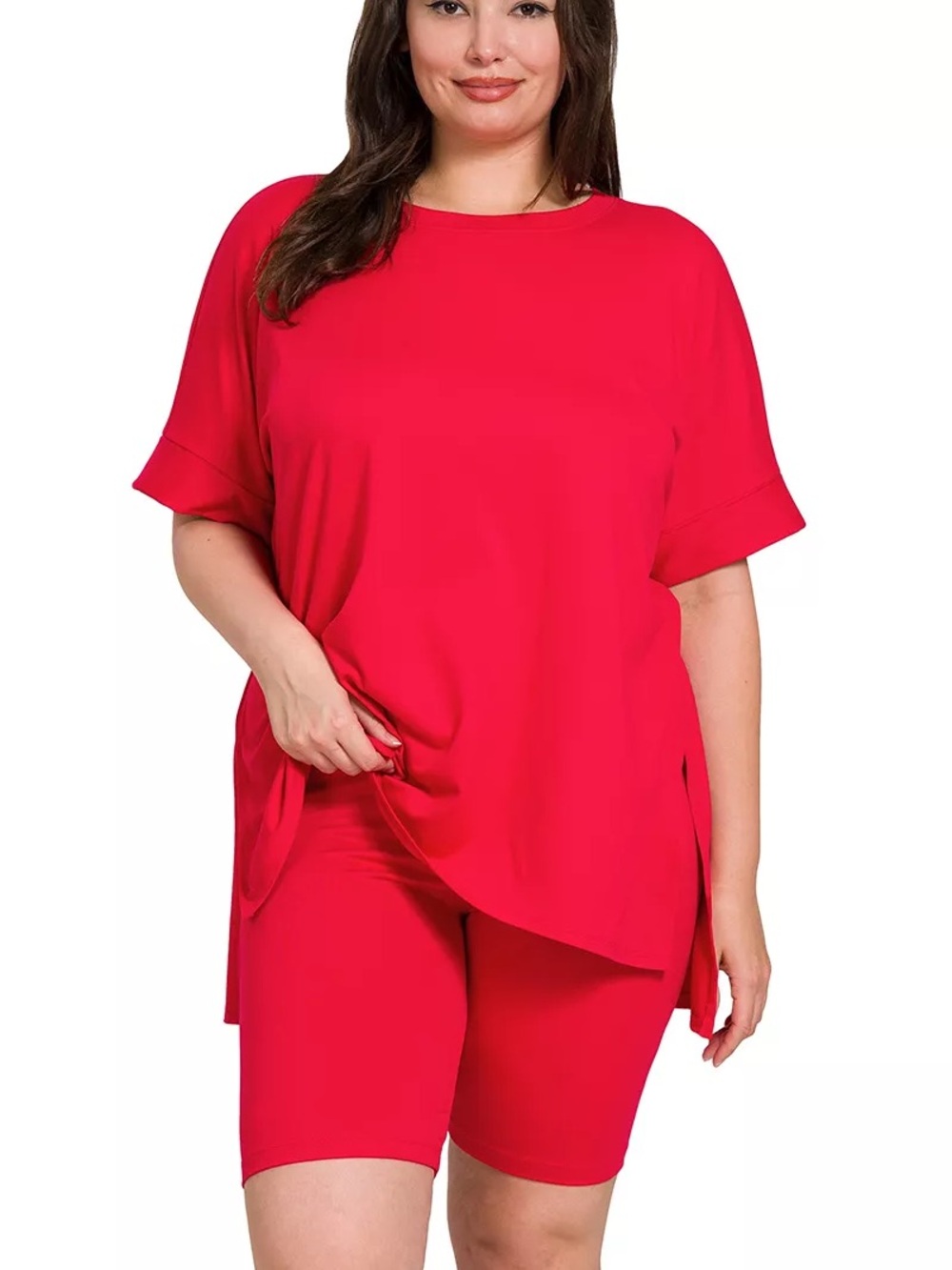 Zenana Plus Size Red Lounge Tee & Biker Short Set